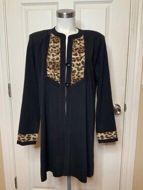 Exclusively Misook Black Long Knit Leopard Trim Cardigan Sweater, Size L